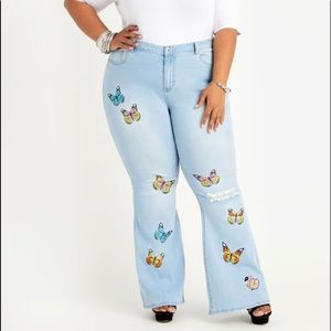 Flair leg embroidered butterfly jeans